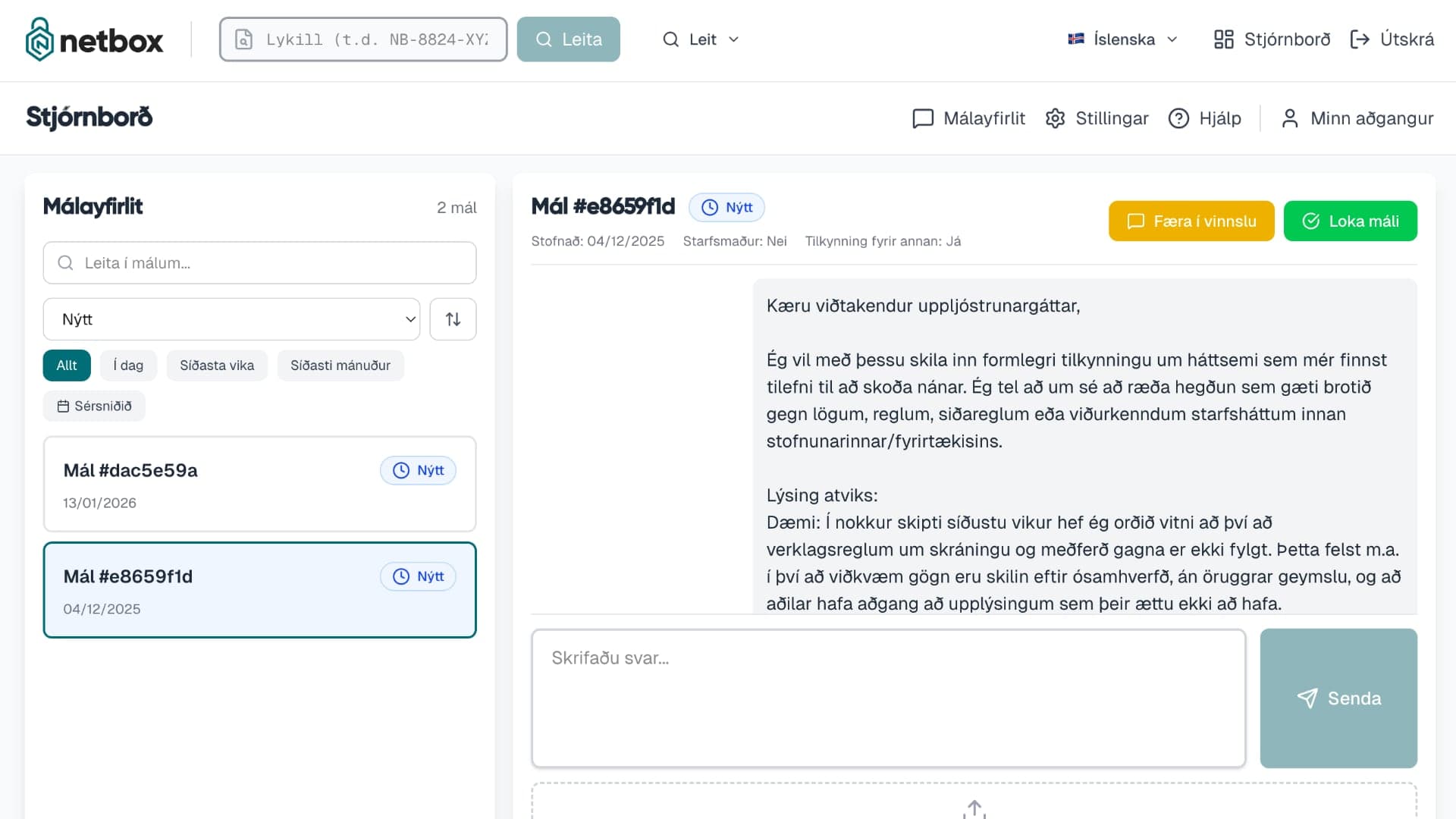 Netbox: stjórnborð með málayfirliti og öruggum, nafnlausum samskiptum við uppljóstrara