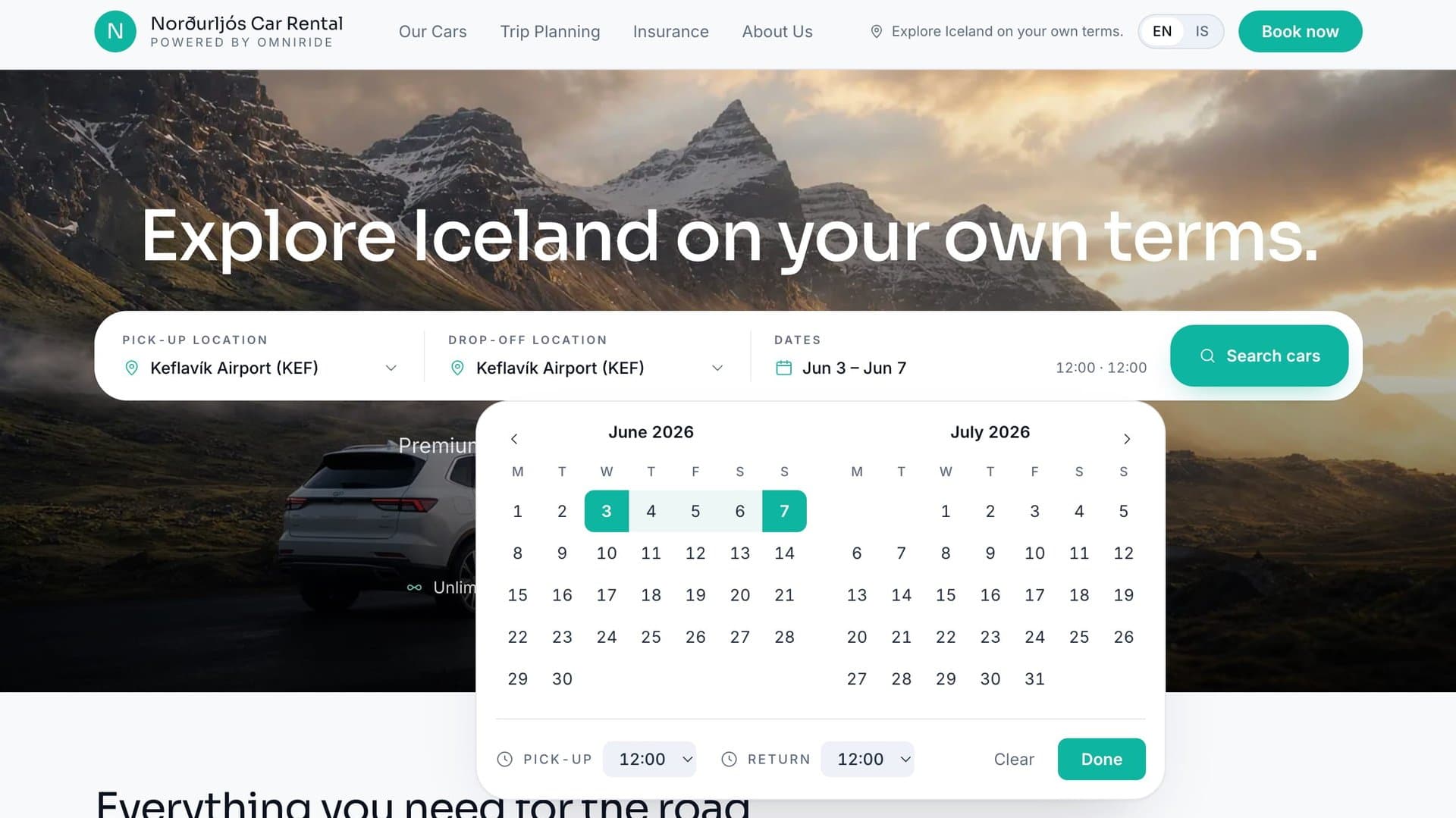 Omniride: bókunarvefur bílaleigu með leit að stöðum og völdum dagsetningum í dagatali