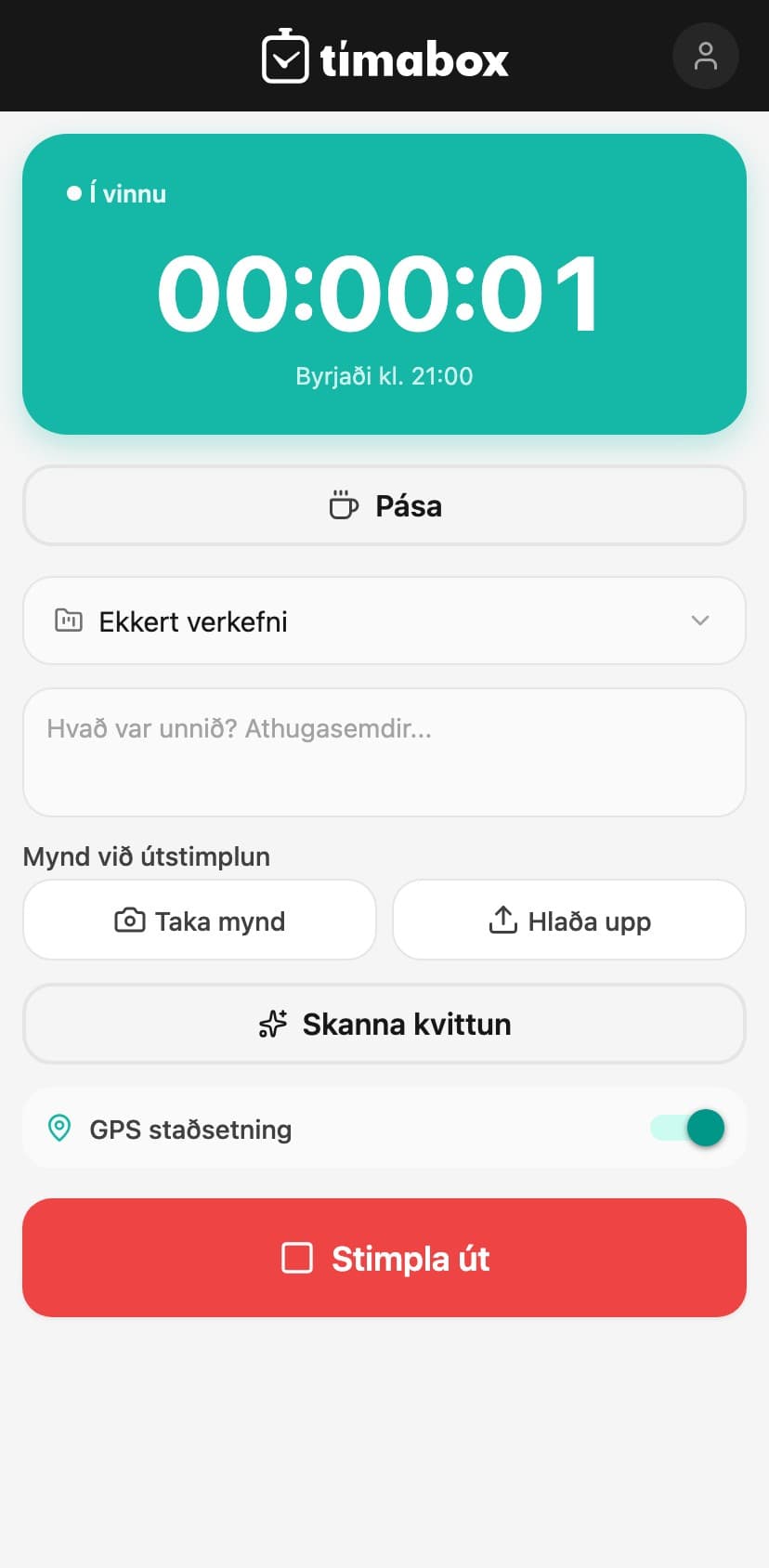 Tímabox appið: stimpilklukka með GPS-staðsetningu, kvittanaskanna og myndum við útstimplun