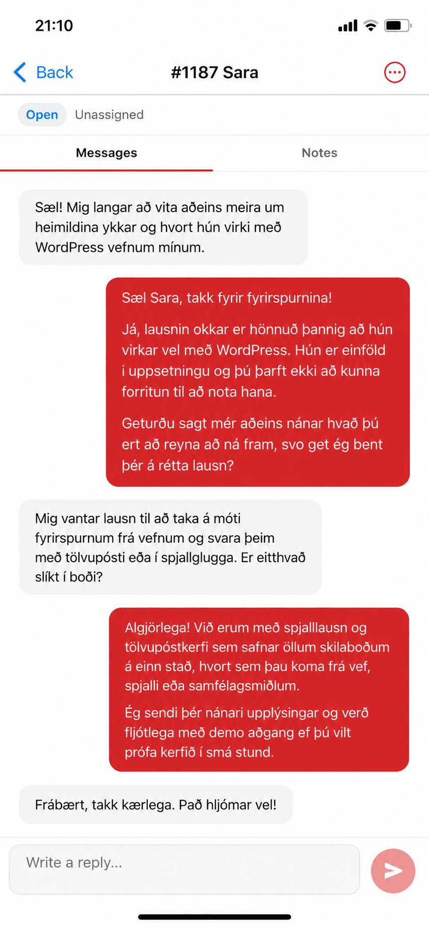 Samtal í Spjallbox, eins og það birtist þegar svarað er úr appinu